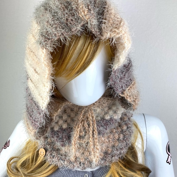 Handmade Crochet “Cocoa” Fluffy Multiwear Hooded Puff Cowl with